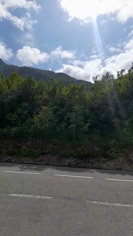 The video shows a road winding through a mountainous, forested area on a partly sunny day. The road is asphalt with white lines marking the lanes. On one side of the road is a steep bank covered in dense green trees and vegetation. In the distance, a tall, dark mountain range dominates the horizon. Above, the sky is blue with patches of white clouds, and the sun shines brightly. As the camera pans to the side, a brown wooden sign that reads "BUKOVIK" in white letters becomes visible. The scene is peaceful and serene, showcasing the natural beauty of the landscape.