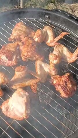A close-up shot shows chicken pieces, including thighs and wings, grilling on a round charcoal grill. Smoke rises from the grill. The pieces are spaced out on the grill, some showing a browned exterior from cooking. The background shows glimpses of a grassy area and some blurry objects. Someone speaks in the background in a foreign language.