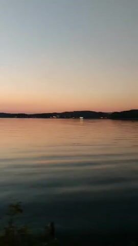 A body of water is shown at dusk. The sky is a gradient of pale blue and pink. The water reflects the sky and the lights of distant buildings along the shoreline. There are some plants in the foreground.