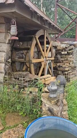 A close-up, low-angle, medium shot captures a wooden water wheel in operation next to a rustic log building. The water wheel, made of light-colored wood with dark spokes, is partially submerged in water and appears to be turning slowly. It is encased by a wall constructed from rough, flat stones. To the left of the water wheel, a red-and-black kerosene lantern hangs from the building's wooden overhang. In front of the stone wall, a wire mesh fence is visible, with green grass and foliage growing around and through it. On top of the stone wall, to the right of the water wheel, are two metallic objects: one appears to be a kettle, and the other is a dark, pot-like object. In the foreground, a blue plastic bucket filled with water is partially visible. The background is blurred, showing greenery and the edge of a red metal structure. The lighting suggests an overcast day.