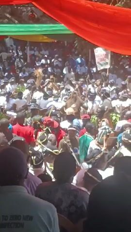 A crowd of people has gathered under a green and red awning, the majority wearing white shirts. Individuals in traditional clothing, including some with animal hides and headwear, move through the crowd, some holding spears or staffs. A flag with lettering is visible amid the throng. The scene appears to be outdoors, with bright sunlight. The view is from the back of the crowd, looking towards the central activity.