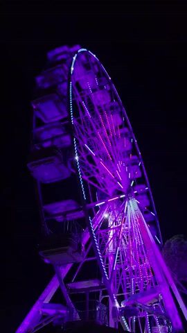 A Ferris wheel at night, illuminated by purple and pink lights, rotates against a black sky. The wheel has multiple cabins, and lights trace the spokes and outer rim of the wheel.