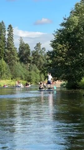 The video shows a wide, calm river with people engaged in recreational activities on a sunny day. Several individuals are on paddleboards, navigating the water. In the foreground, two people are on paddleboards, one standing and the other seated. Behind them, a group of people are on what appear to be inflatable rafts or tubes, also enjoying the river. The riverbanks are lined with lush green trees, with a dense forest in the background. The sky is blue with a few scattered clouds. The overall atmosphere is relaxed and leisurely.