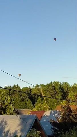 Two hot air balloons are visible in the sky over a wooded area with houses in the foreground. The sky is clear and blue. The trees are green and lush. The houses have red roofs. Power lines are also visible in the foreground.