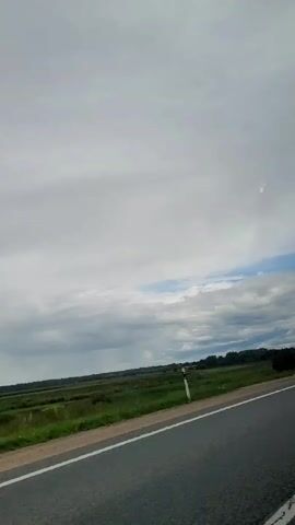 A POV shot from a vehicle traveling on a paved road. The road has a white line on the left edge. To the left of the road is a grassy area. In the distance, there are fields and trees under a cloudy sky. A black Audi car passes the POV vehicle at 00:02. A guardrail appears on the left side of the road at 00:03. A single tree is visible on the right side of the road at 00:04.