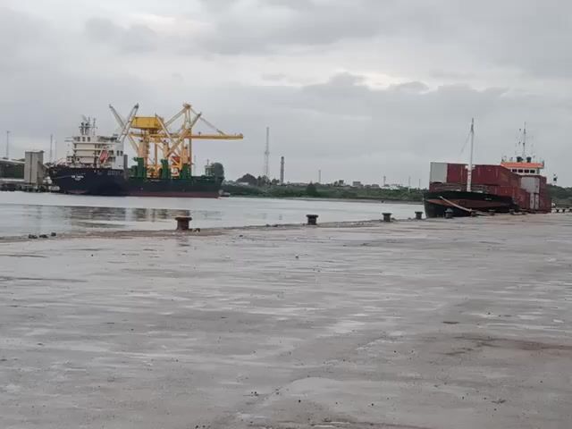 The scene presents a harbor on an overcast day. In the foreground, there's a gray, wet concrete dock. Further back, two ships are visible. The ship on the left is larger, with a yellow crane structure on its deck. The ship on the right is smaller, holding a load of containers.  Behind the ships, there's land with vegetation and a few structures, including a tall tower. The sky is gray and cloudy, contributing to the somber tone of the scene.