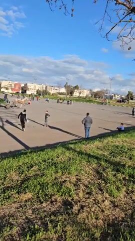 The video shows a public square on a sunny day with a few clouds. A horse is pulling a cart filled with green vegetation. A man is driving the cart. Several people are walking around and observing. The ground is paved with a dark grey surface, with grassy areas bordering the square. Buildings are visible in the background.