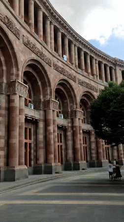 Republic Square's clock tower, fountain, and outdoor exhibition in Yerevan