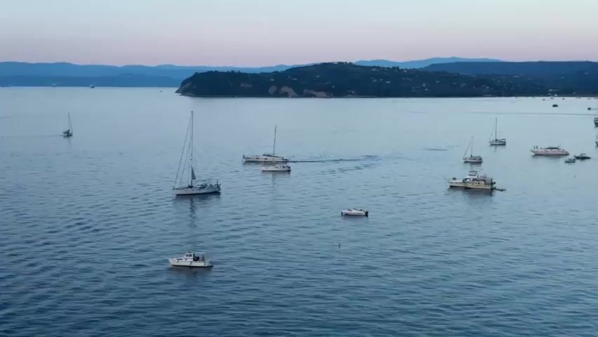The video shows an aerial view of a calm blue sea with several boats and sailboats scattered across it. The sky above is a soft gradient of pink and blue, indicating either sunrise or sunset. In the distance, a hilly coastline is visible, covered with green trees and some buildings. The water is slightly rippled, reflecting the soft light. One sailboat in the center of the frame has its sail up and is moving. Other boats include smaller motorboats and some yachts anchored or moving slowly. The overall scene is peaceful and serene.