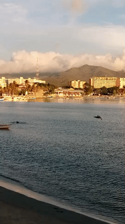 Sunset over Juan Griego's bay, boats, and rocky coast