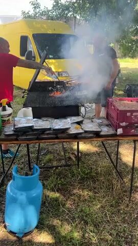 This video appears to capture preparations for an outdoor event or gathering in Lovets, Bulgaria. The scenes suggest a casual, possibly celebratory atmosphere taking place during daylight hours, likely in the late morning or afternoon given the bright sunlight and shadows. The weather seems to be warm and sunny, conducive to an outdoor activity.

The first segment shows people preparing food outdoors, with a large grill in operation, emitting smoke. There are numerous foil-wrapped food containers on a table, suggesting a large quantity of food is being made or served. A yellow van is parked behind the grill area.

The second clip shifts to a different area, featuring a makeshift ping pong table set up outdoors with a young man in a red shirt. In the background, a rustic building and some trees are visible.

Subsequent scenes show a large pot over a fire, possibly for cooking, and an area set up with tables and chairs, suggesting a dining or seating area for guests. Tents are also visible, providing shade. People in red shirts are seen in the background, possibly working at the event. There are children's play structures in the distance. A blue gas cylinder is prominent in the foreground of the initial shot, and a pink crate full of items is visible in the first scene. A black trash bag is also seen near the seating area.

The overall impression is one of an organized outdoor event, possibly a picnic, festival, or catered gathering, with various stations for food preparation, recreation, and guest seating. The presence of tents and the setup of tables and chairs indicate a planned event. The casual attire of the individuals suggests a relaxed and communal gathering. The location appears to be a rural or semi-rural area, with grassy ground, trees, and open space. No explicit text is visible in the video, beyond what might be on the yellow van which is illegible.