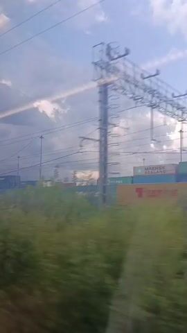 The video shows a view from a moving train. The foreground is filled with blurred green foliage, indicating rapid motion. In the background, a train yard is visible, filled with numerous stacked shipping containers. The containers are of various colors, including blue, green, and red, and some have visible text and logos, such as "EASYGO" and "NCP". Overhead, there are power lines and structures for the electrical supply of the train, as well as utility poles with lights. The sky is cloudy, with streaks of sunlight breaking through, creating a dynamic lighting effect. The overall impression is of passing through an industrial area from a moving vehicle.