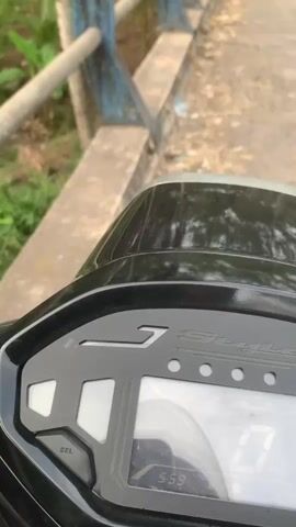A close-up, first-person perspective video shows a person riding a motorcycle. The handlebars and the motorcycle's instrument panel are visible in the foreground, with a digital display showing "5:59". The rider's reflection is visible in the motorcycle's side mirror, showing the rider wearing a helmet and holding a smartphone with googly eyes attached. The background consists of a concrete bridge railing with blue posts, green foliage, and a body of water. The video appears to be taken during the daytime.
