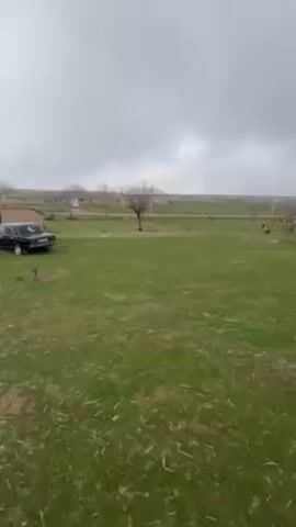 The video shows a rural landscape on a cloudy day.  The foreground consists of a green lawn with scattered dry patches. A tall, wooden utility pole stands prominently in the middle of the scene, with electrical wires running across the top.  A large, black tire lies on the ground to the right of the pole.  Chickens are visible pecking in the grass near the pole and a simple wooden structure. In the background, there is a row of buildings and houses set against a backdrop of rolling hills.  The sky is overcast, suggesting a gray, possibly damp day.  The camera pans slightly to the right during the video.