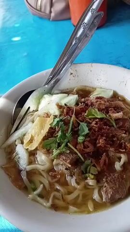A close-up shot shows a bowl of noodles with meat, vegetables, and crispy fried onions on top. A spoon and fork are resting in the bowl. The bowl is on a blue table, with a purse and a drink in the background. The video is shaky.