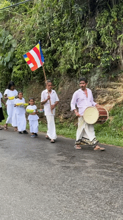 Buddhist procession walks through rural Makandura during rainy weather