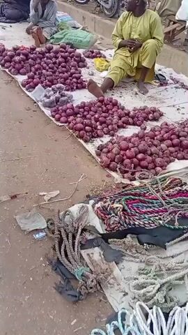 The video shows an outdoor market scene with a dirt ground. Several men are seated on the ground, likely vendors, next to piles of produce. Large quantities of red onions are displayed on white cloths, alongside smaller piles of red tomatoes and green leafy vegetables. One man in a green shirt and blue pants walks past the camera, carrying a patterned sack. Another man in a white robe walks in the opposite direction. A motorcycle and goats are visible in the background.