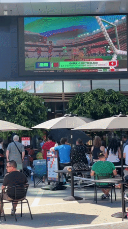 Soccer viewing event at Burnaby shopping center with promotional displays