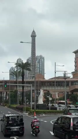 The video shows a street scene in Macau, featuring a replica of the Eiffel Tower in the background. Palm trees are on the median, and there is an elevated walkway spanning the road. A small black car with the license plate AA-41-81 is stopped at a green light.  A person on a motorcycle is also waiting at the light, and a larger black van is visible behind the car.  The sky is overcast.  The traffic light turns green.