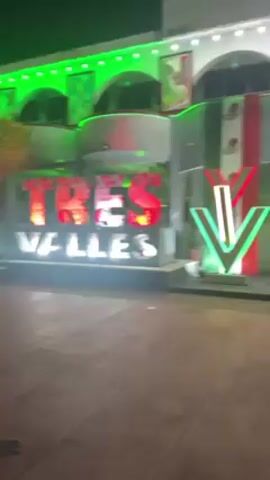 The video shows an outdoor scene at night, presumably in Mexico, based on the prominent display of the Mexican flag and related decorations. The building in the background is adorned with lights and banners. A sign that reads "TRES VALLES, VER." is visible on the building.  A small gray Schnauzer-type dog is walking across the paved area in the foreground, carrying a ball in its mouth. The ground appears to be a reddish color.