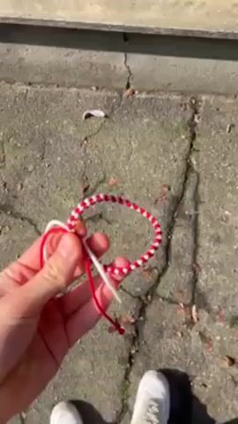 A hand holds a martisor, a twisted red and white thread bracelet, in front of a blossoming magnolia tree. The hand then places the martisor on a branch of the tree. Pink magnolia petals lie on the ground near a fence. The sky is blue.