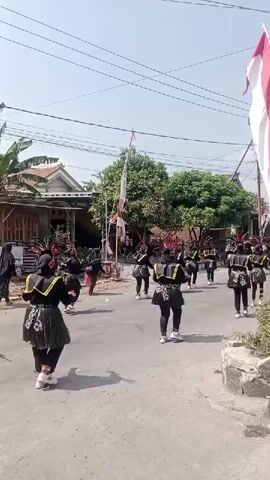 A group of performers in black and gold traditional outfits with feathered headdresses are marching in a street. Some of the performers are holding flags. The street is lined with houses and trees. The sky is clear and blue.