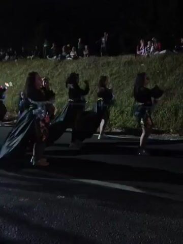 A group of people in dark clothing and what appear to be elaborate costumes are performing in a street at night. They are holding a green rope or ribbon, and some are carrying what look like flower decorations. There is an audience of spectators sitting on a grassy embankment in the background. The scene is dimly lit, suggesting it is a nighttime event, possibly a parade or cultural performance.