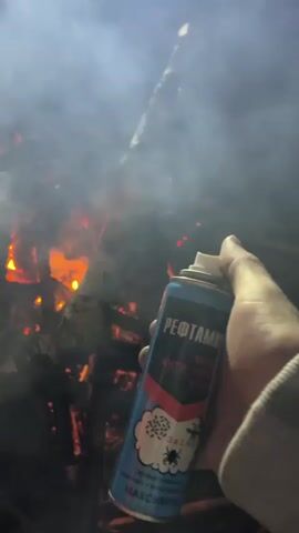 Here is a brief description of the video:
The video shows a person holding a can of insect repellent near a campfire. The person sprays the repellent into the fire, resulting in a burst of flames. The video then focuses on the burning wood.