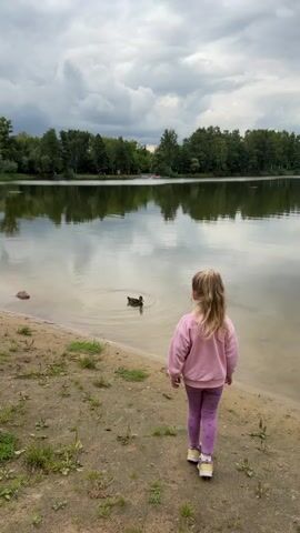 A young child with blonde hair, wearing a pink sweatshirt and purple leggings, stands facing away from the camera, looking at a duck in a lake. The duck is swimming on the surface of the water, creating ripples. The lake is calm and reflects the trees and cloudy sky. The child is standing on a sandy shore with some dry grass. In the background, across the lake, is a line of trees and a few distant figures or objects on the water. The sky is overcast with large, dramatic clouds.