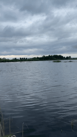 Angler catches fish during lakeside fishing session in Russia