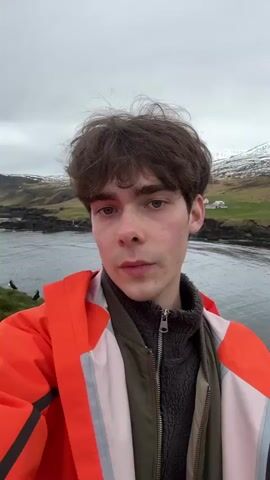 A young man with brown hair and green eyes records a selfie-style video outdoors in Bakkagerði, Iceland. He is wearing an orange and white jacket over a grey fleece and initially makes a playful pouting face towards the camera. The video captures him turning his head slightly and panning, revealing a grassy hillside behind him populated by several puffins. Beyond the hillside, a calm body of water extends towards distant mountains, some of which show patches of snow. The sky is overcast, indicating a cool, cloudy day. The man appears to be enjoying the scenic coastal environment and the presence of the puffins.