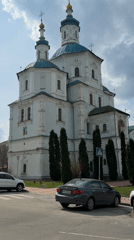 Orthodox church with green domes documented in Sumy, Ukraine