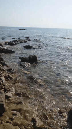 Rocky Sardinian shoreline at dawn, water and stones up close