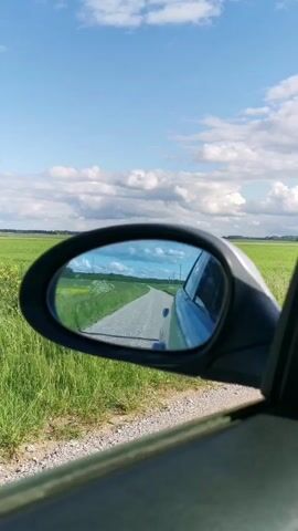 A static shot shows a car mirror reflecting a road behind. The mirror is framed by the car's window on the right and a grassy field on the left. The road, which is made of gravel, stretches into the distance, flanked by green fields on both sides. In the distance, white wildflowers are visible in the fields. The sky above is blue with fluffy white clouds.