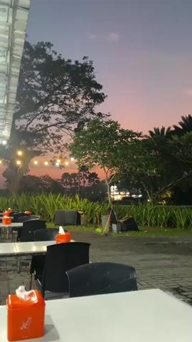 The video shows an outdoor seating area at dusk. Tables and chairs are arranged on a paved surface. Beyond the seating area, there is a garden with lush green plants and trees. In the background, palm trees are visible, silhouetted against a colorful sky with hues of purple and orange. String lights are hung in the trees, casting a warm glow. A street sign is also visible in the distance. The overall atmosphere is peaceful and serene, suggesting a dining or relaxation spot at the end of the day.