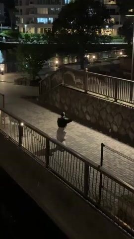 A person is dancing on a paved walkway at night, viewed from an elevated perspective. The individual is wearing a dark top and light-colored pants, with their back to the camera. They perform a series of dance moves under the illumination of pathway lights. The walkway is bordered by railings and a stone wall, with a water feature or stream visible to the left of the walkway. In the background, there are buildings with lit windows and trees. The scene appears calm and quiet.