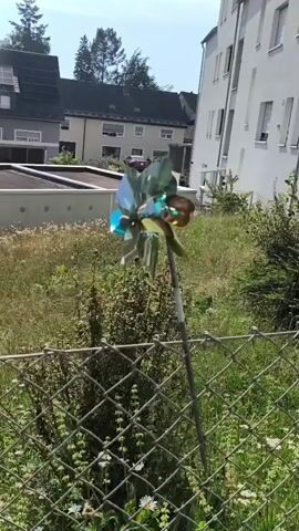 A pinwheel spins in the wind in front of a chain-link fence. Behind the fence is a patch of overgrown grass with some small white flowers. Further back are buildings and trees. The sky is blue and appears to be a clear day.