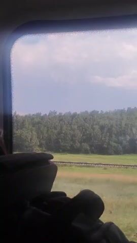 The video shows a view from inside a vehicle, likely a train, looking out a window. In the foreground, the dark silhouette of a person's head and shoulders is visible, partially obscuring the view. Beyond the window, a landscape unfolds under a cloudy sky. A train track runs horizontally across the middle ground. A dense line of trees forms a treeline behind the tracks, with a field of green grass in front. In the distance, rolling hills are visible, dotted with what appear to be small buildings or structures. The time of day appears to be daytime, and the weather is overcast. The overall mood is one of travel and observing the passing scenery. The location is identified as Krasnoe Pole, Russia. There is no visible text in the video.