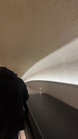 A man in a black hooded sweatshirt is filmed from behind as he stands on a moving walkway in a tunnel. The tunnel has a textured ceiling and a curved wall with embedded lights. The walkway is gray and has a metal railing on the right side. The tunnel is well-lit.