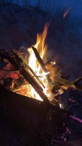 A close-up shot of a campfire at night. The flames are bright orange and yellow, licking at dry branches. The ground around the fire appears to be sandy, with some dry grass or reeds visible in the background. The overall lighting is dim, with the fire providing the main source of illumination. The camera is positioned low, looking up at the fire. The video is brief, capturing the natural movement of the flames.