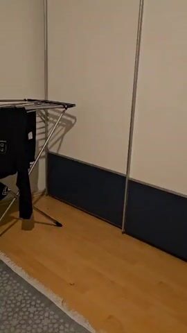 The video shows a laundry rack with clothes on it, a gray rug, and a closet in a room with light wood floors. A black sweatshirt with "BOSS" written on it hangs prominently on the rack.  The closet has white sliding doors with dark blue trim.