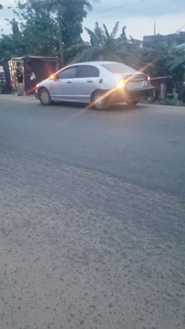 The video shows a street scene with a silver car parked on the side of the road. A motorcycle with a rider wearing a white shirt and helmet passes by, moving away from the car. The road appears to be asphalt. There are trees and vegetation visible on the side of the road, including banana trees and what looks like a palm tree. There's also a small roadside shop or stall visible. The sky is overcast, suggesting it might be early morning or late afternoon.