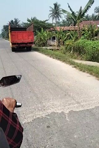 The video shows a person riding a motorcycle on a road, seemingly following a large red and yellow truck. The road appears to be paved, with a dirt shoulder and vegetation on the left side. There are houses and palm trees visible in the background. At around 00:02, the camera gets a closer view of the truck's wheel. By 00:03, the truck has turned off the main road and onto a smaller path. The video then shows a large pile of harvested palm fruit on the side of the path, next to several motorcycles and some buildings. People are visible near the buildings. The video is filmed in portrait orientation.