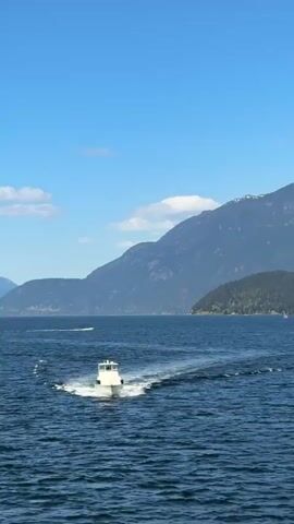 The video shows a body of water with mountains in the background under a partially cloudy blue sky. The mountains are covered in trees, with some snow on the peaks. A white boat is seen moving across the water, creating a wake. A small, tree-covered island is visible in the middle of the frame.