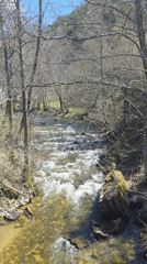 Spring scenes documented in Bistritsa: flowing river, hillside church