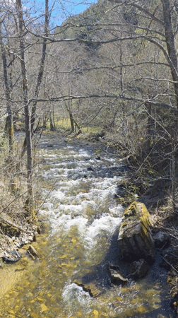 Spring scenes documented in Bistritsa: flowing river, hillside church