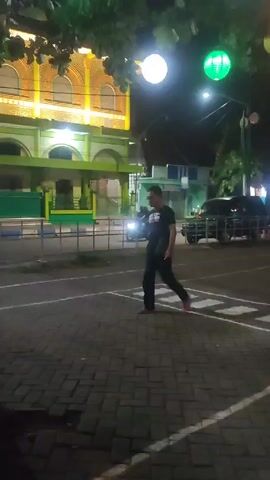 Here's a concise description of the video:

The video shows a man walking at night near a building. He is wearing dark clothing, and walks from right to left across a crosswalk. The background includes a large, well-lit building, possibly a mosque, painted in green and yellow hues. There are also parked motorbikes and vehicles nearby. A tree trunk is in the foreground, partially obscuring the view. The street is paved with brick. The lighting suggests an urban environment with streetlights and illumination from the nearby buildings.