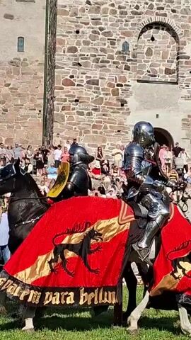 A black horse, ridden by a person in full medieval armor, including a helmet and a yellow shield, trots across a grassy field. The horse is adorned with decorative metal studs on its saddle. In the background, a large stone castle wall dominates the scene. A crowd of spectators, dressed in modern clothing, is seated and standing in front of the castle, watching the event. Several trees and bushes are visible, along with a bright blue sky. Another horse, a lighter color and also ridden by a similarly armored figure, is partially visible to the left of the frame. In the foreground, a red and white striped pole stands upright on the grass. To the far right, a woman in a green dress and headscarf, and another person in a gray medieval-style outfit stand near a small stool. The overall scene depicts a historical reenactment or festival.