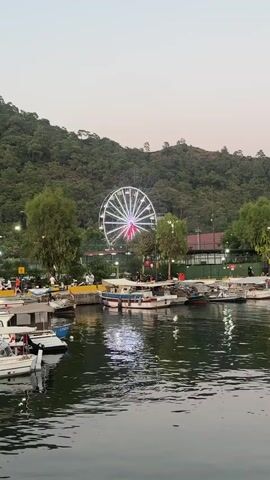 The video shows a harbor with boats docked along the shore. In the background, a ferris wheel with colorful lights is illuminated against a backdrop of a tree-covered hill. The sky is overcast, suggesting it is dusk or dawn. The water is calm, with reflections of the lights from the ferris wheel and the boats. Several trees are scattered along the shoreline, and there are some people visible near the boats. The overall scene depicts a waterfront amusement area.