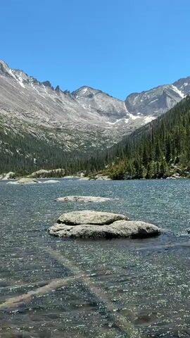 The video displays a serene mountain lake under a clear blue sky. The foreground is dominated by the shimmering surface of the lake, with two large, light-colored rocks partially submerged in the water. The water is rippling, suggesting a gentle breeze. In the middle ground, the lake expands, bordered by a dense forest of tall evergreen trees climbing up the steep slopes of a valley. The background features majestic, rugged mountains, their peaks partially covered with snow, creating a dramatic contrast against the blue sky. The overall impression is one of natural beauty and tranquility.